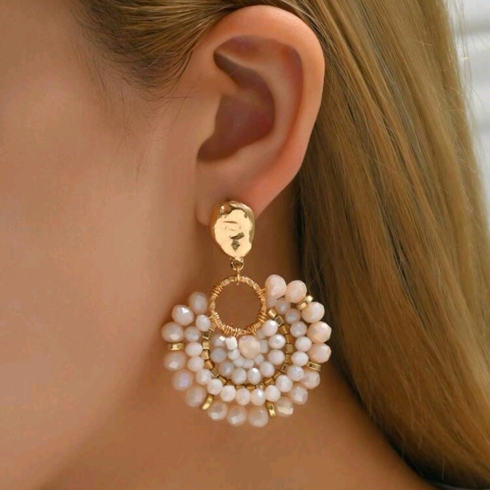 Gold Tone Pink Beaded Drop Dangle boho Statement Hoop Earrings Chandelier💖